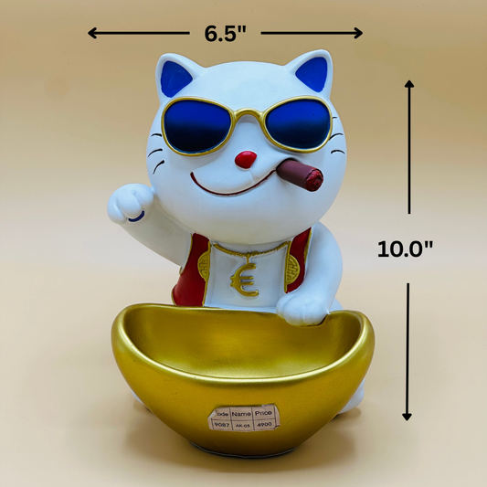 Lucky Cat Resin Statue with Sunglasses - Decorative Storage Tray