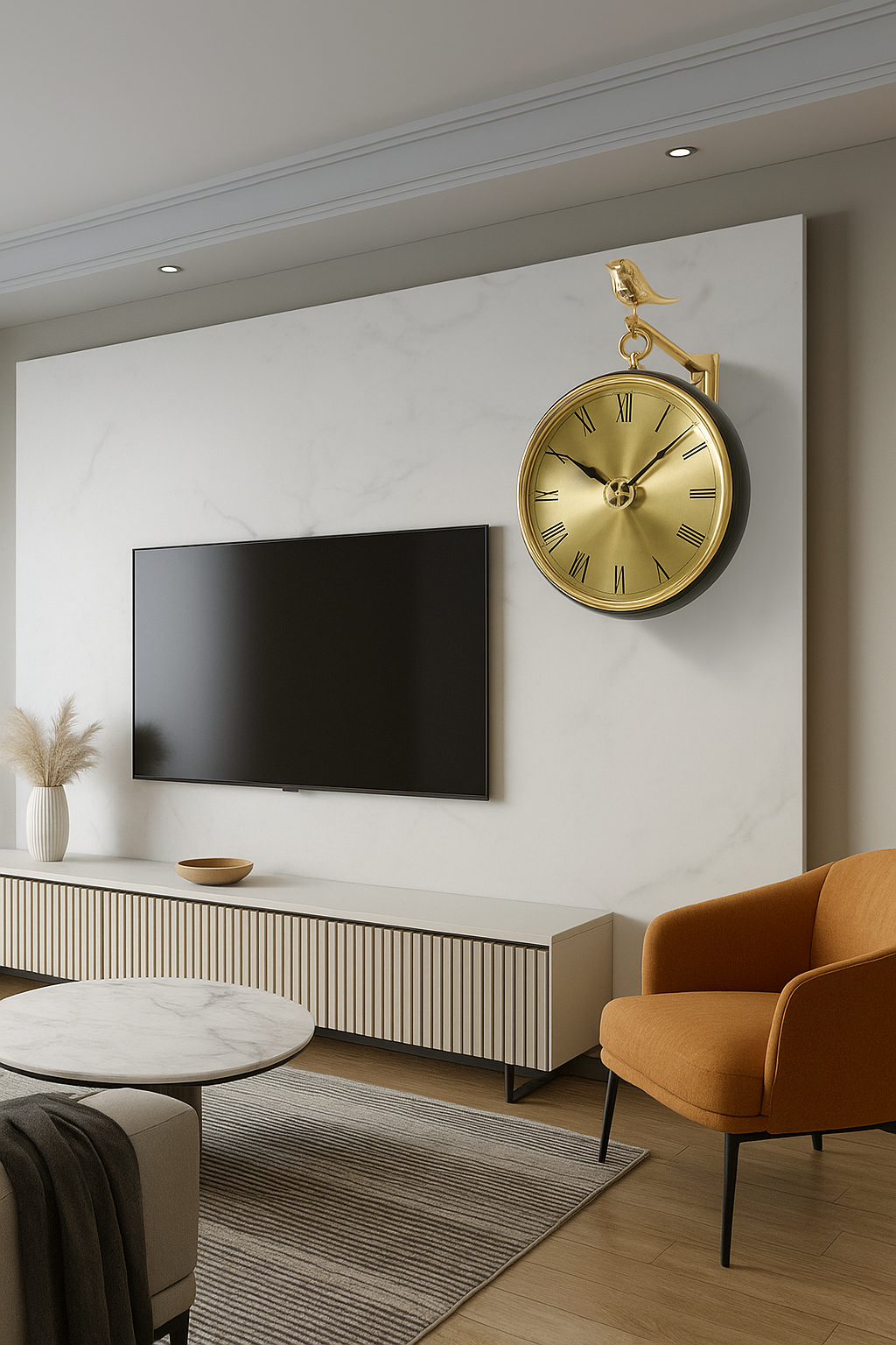 Golden Hanging Wall Clock with Roman Dial & Bird Accent β Luxury Design