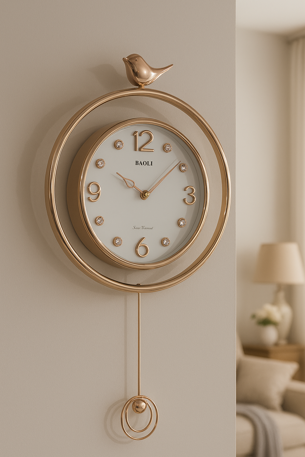 Elegant Golden Wall Clock with Bird & Pendulum