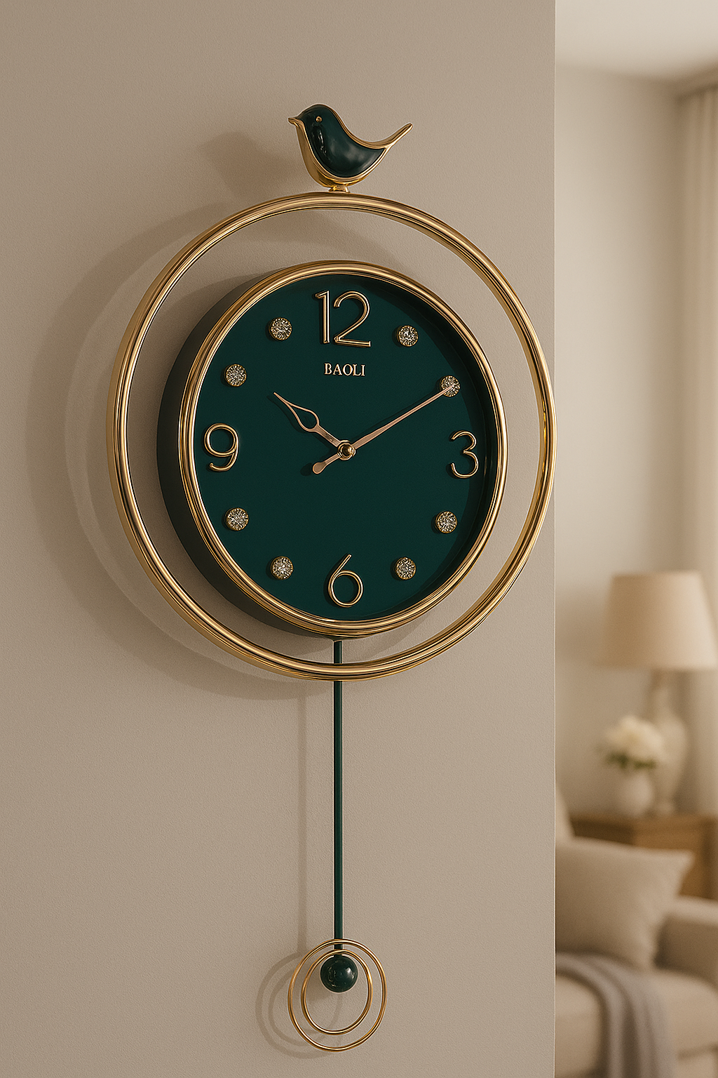 Elegant Golden Wall Clock with Bird & Pendulum