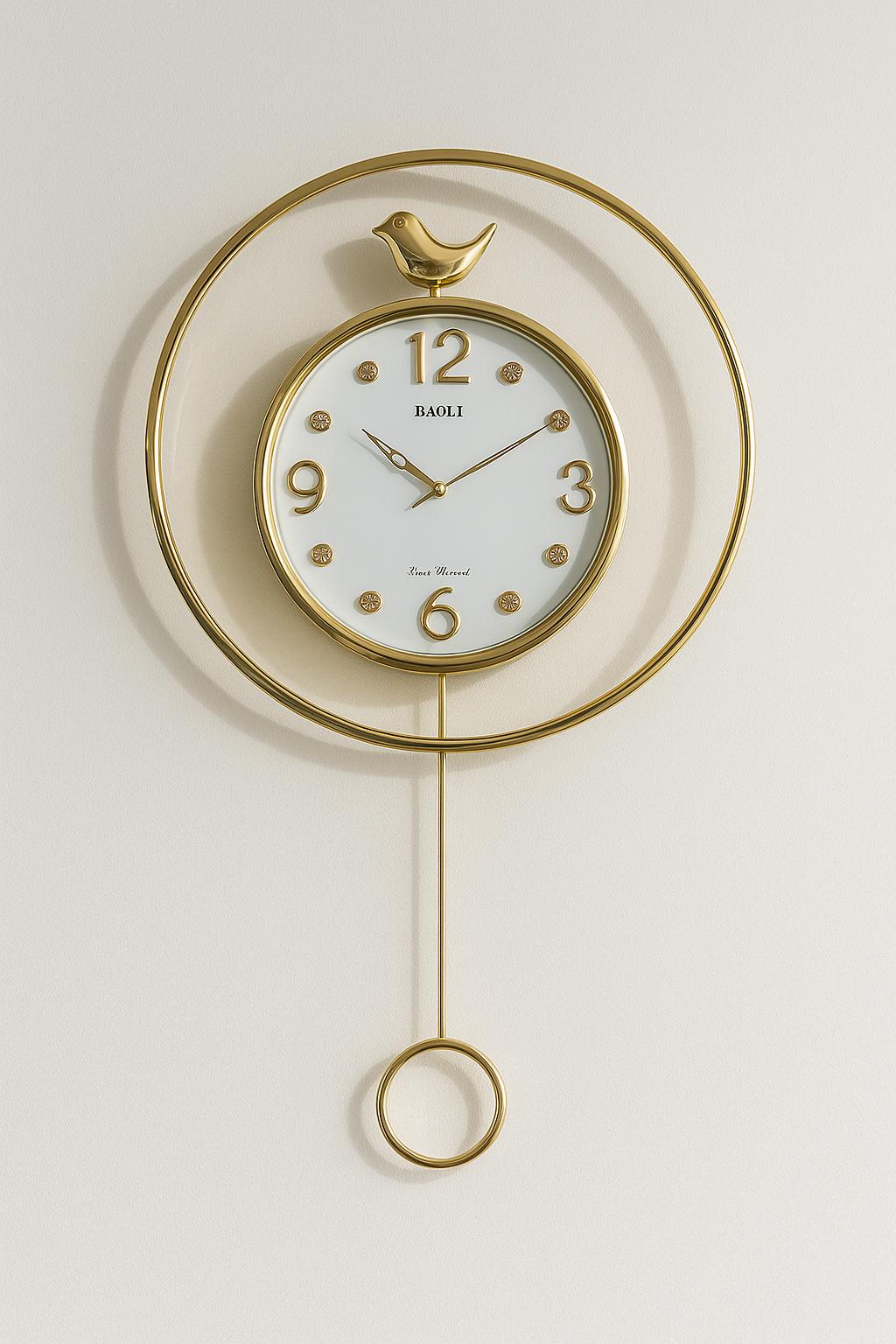 Elegant Golden Wall Clock with Bird & Pendulum
