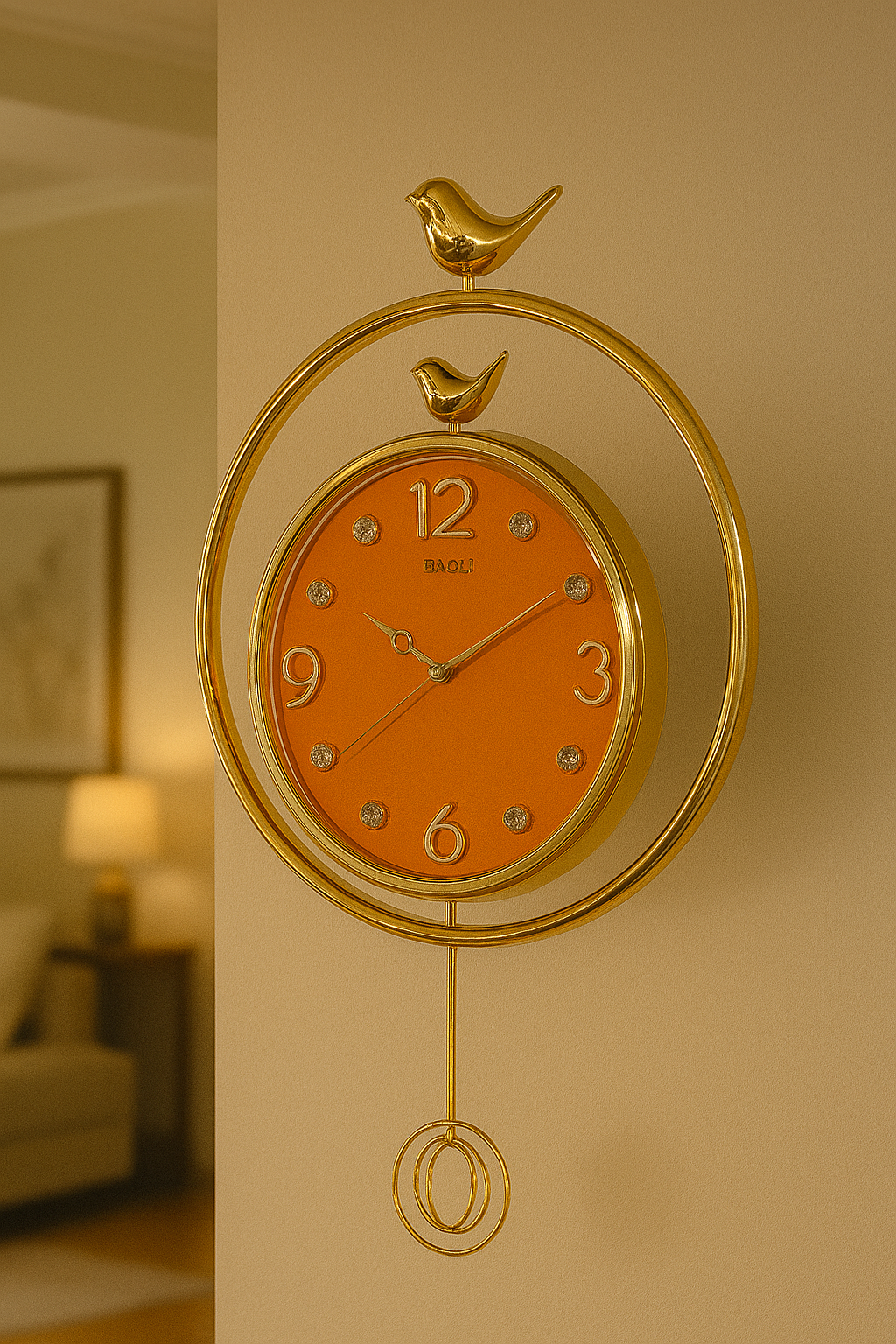 Elegant Golden Wall Clock with Bird & Pendulum