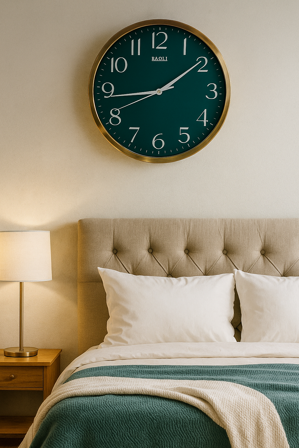 Minimal Round Wall Clock with Green Dial & Golden Frame β RAOLI Design