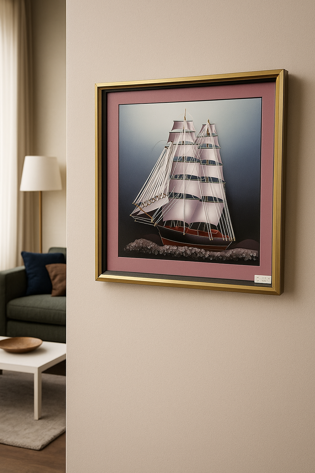 Luxury Nautical 3D Wall Art – Golden Frame Sailing Ship Design