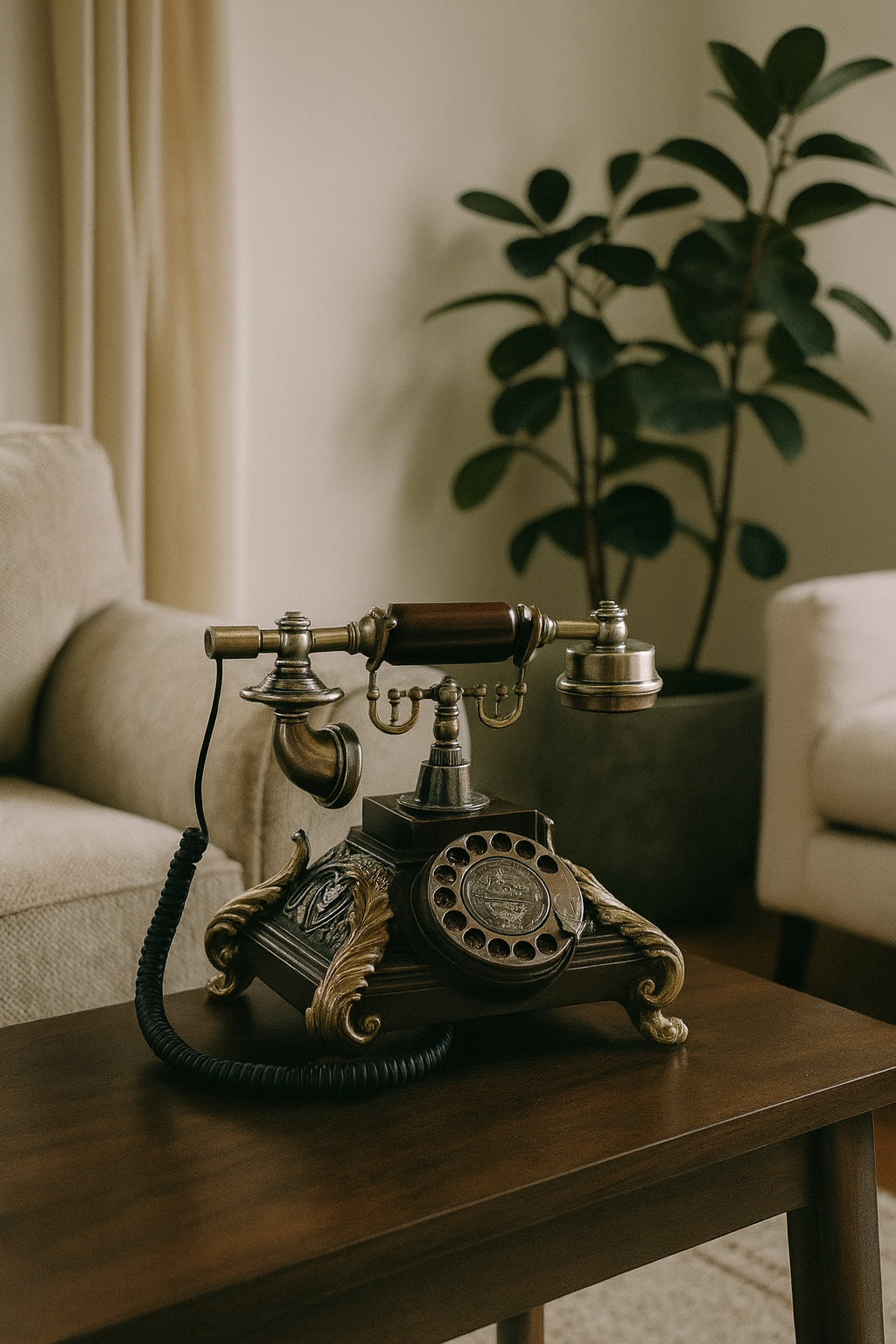 Royal Vintage Rotary Telephone – Antique Brass & Wood Carved Design