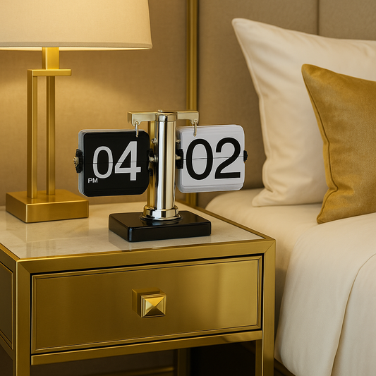 Retro Flip Clocks with Silver Mechanism on Wooden Base - Modern Industrial Table Clocks