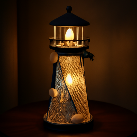 Nautical Decorative Lighthouse with Netting and Shells - Coastal Home Decor