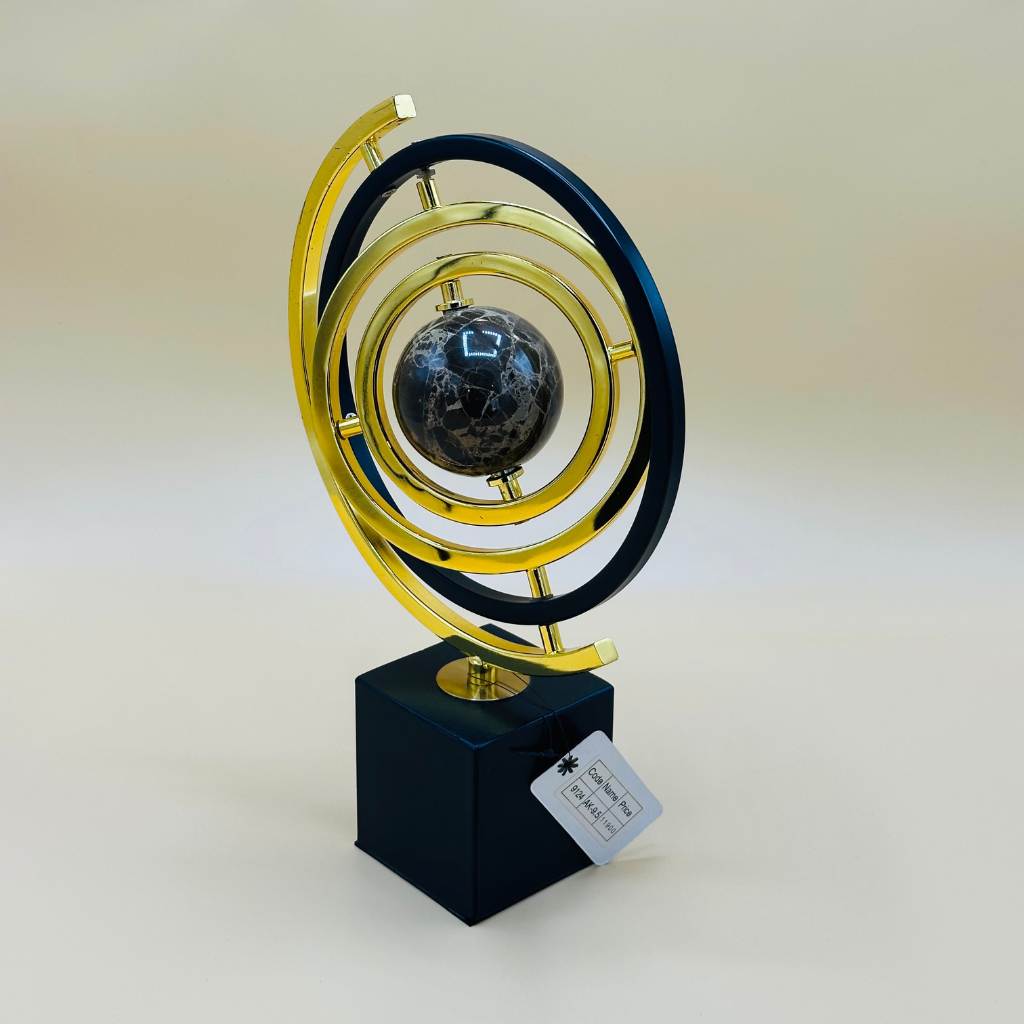 Modern Abstract Metal and Stone Globe Sculpture - Decorative Orbit Ornament