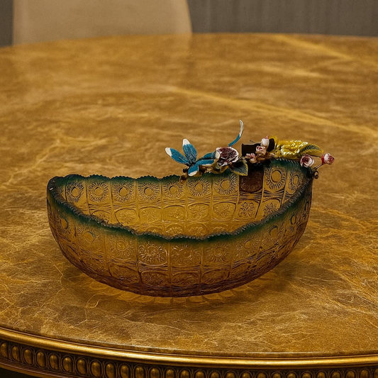 Artisanal Amber Cut Glass Bowl with Enamel Dragonfly & Floral Embellishments - Decorative Centerpiece