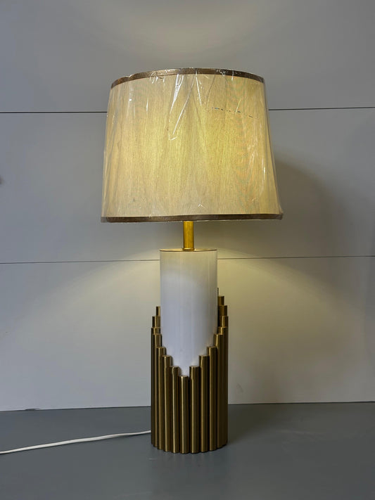 Modern Faceted Column Table Lamp - Sculptural Clear Base & Ambient White Shade