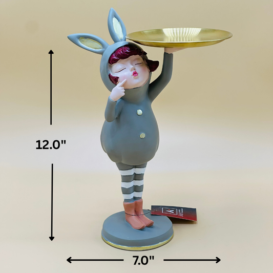 Adorable Girl in Bunny Costume Serving Tray - Decorative Trinket Dish - Gray