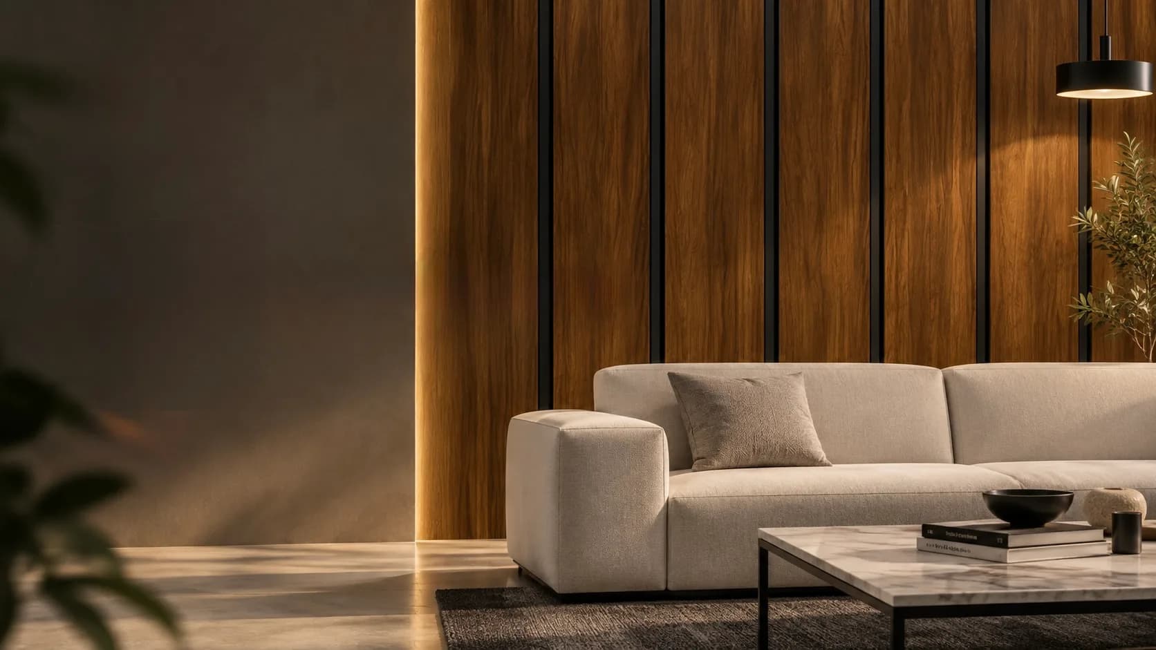 A furnished living room styled with AH Homes décor and lighting