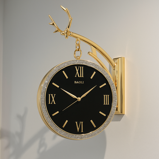 Golden Double-Sided Wall Clock with Crystal Frame – BAOLI Luxury Design