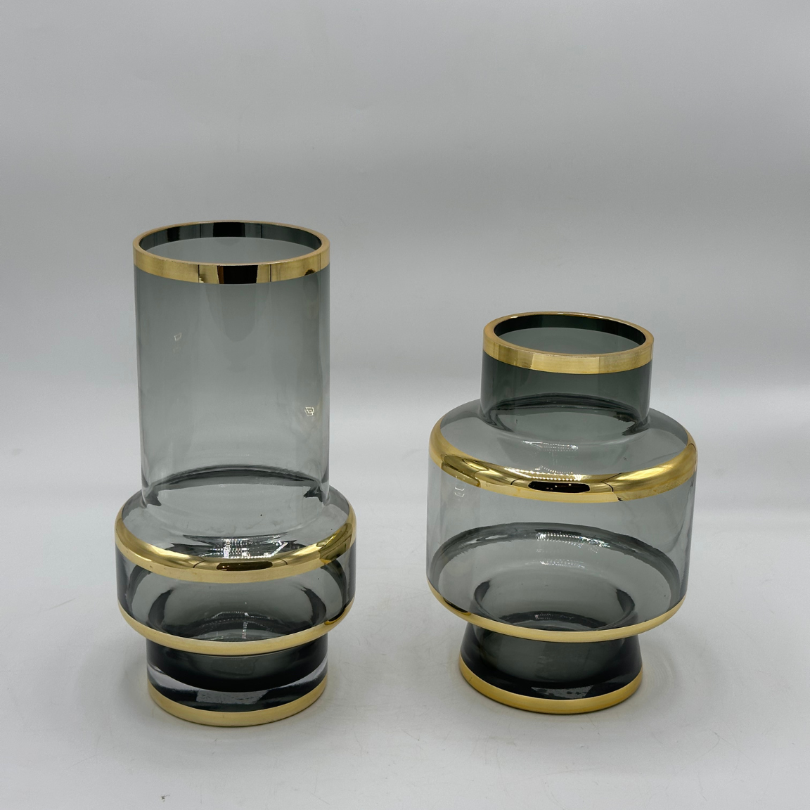 Elegant Mel Rin Style Smoky Gray Glass Vase with Gold Bands - Modern Decorative Vase