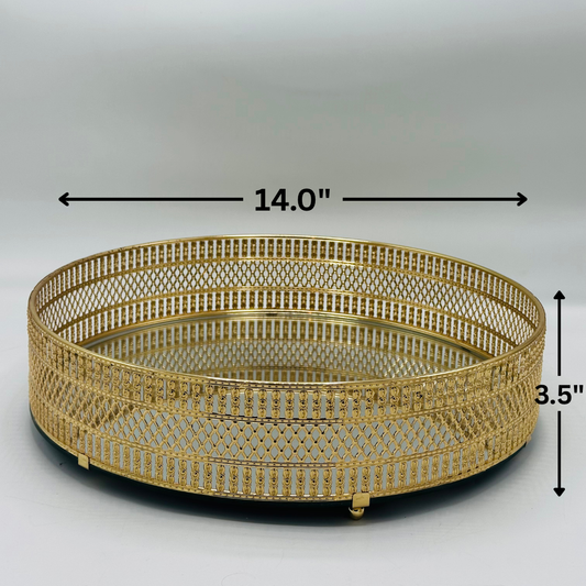 Elegant Gold Circular Filigree Tray with Mirrored Base - Decorative Centerpiece Dish