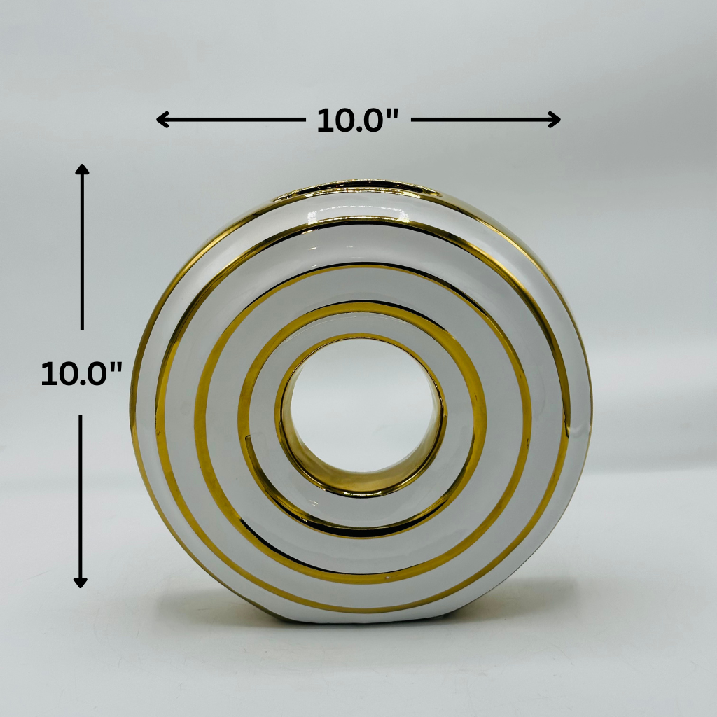 Modern White & Gold Donut Vase - Abstract Ceramic Decorative Ring Vase