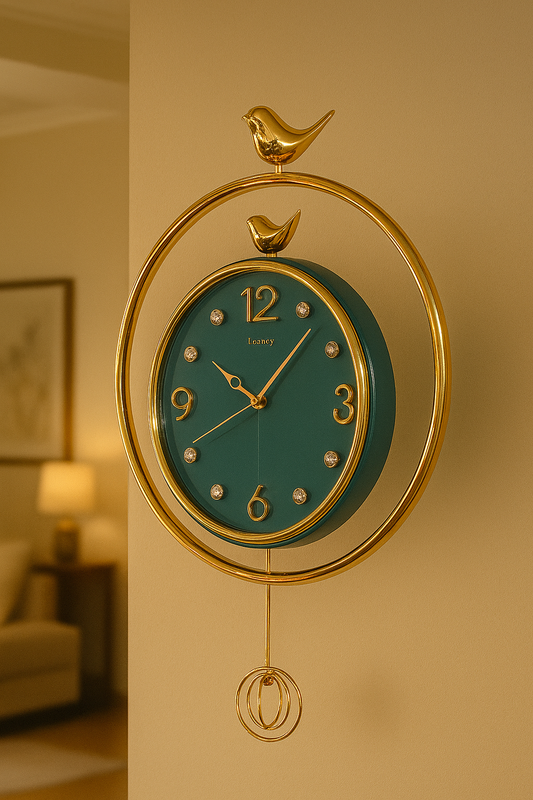 Elegant Golden Wall Clock with Bird & Pendulum