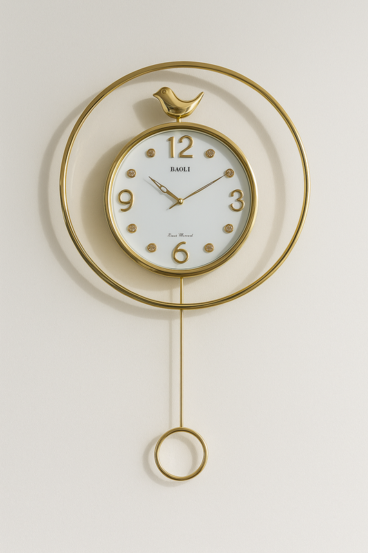 Elegant Golden Wall Clock with Bird & Pendulum