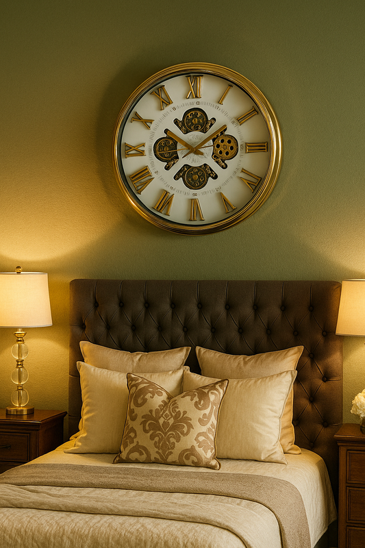 Luxury Roman Numeral Gear Wall Clock with Golden Frame – Vintage Modern Design