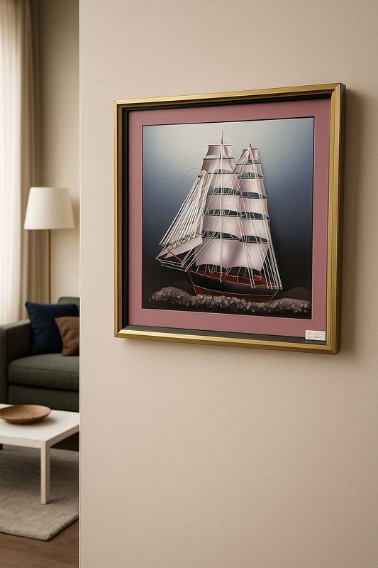 Luxury Nautical 3D Wall Art – Golden Frame Sailing Ship Design