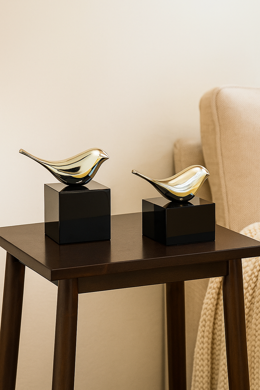 Golden Bird Figurine Set on Black Base – Elegant Modern Home Decor