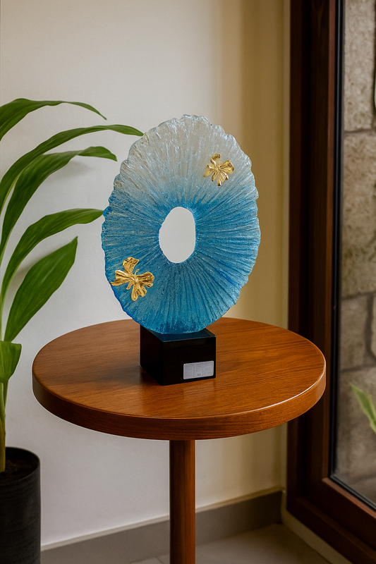 Blue Crystal Circle Sculpture with Golden Butterflies – Luxury Decorative Showpiece