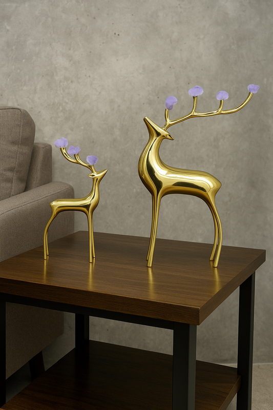 Golden Deer Figurine Set with Purple Crystal Antlers – Luxury Modern Home Decor