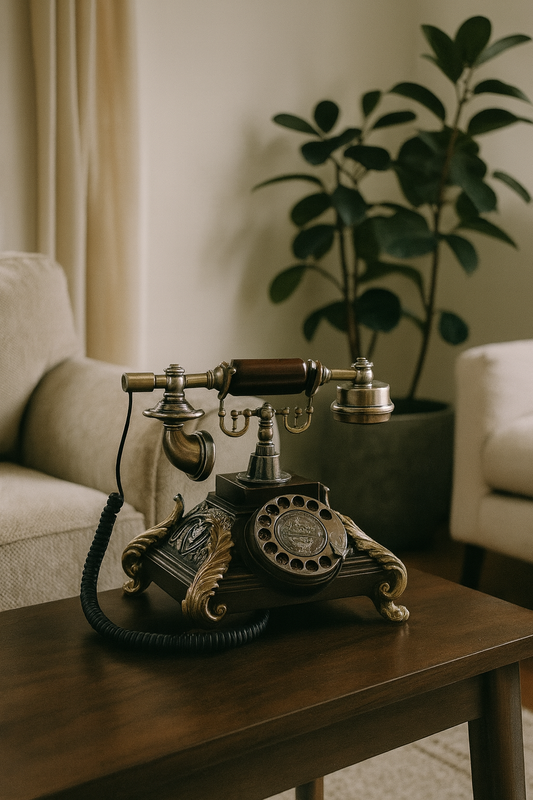 Royal Vintage Rotary Telephone – Antique Brass & Wood Carved Design