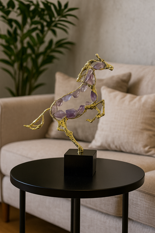 Golden Horse Sculpture with Amethyst Crystals – Luxury Decorative Showpiece