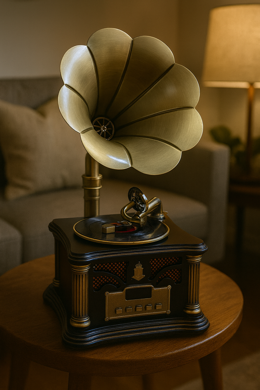 Luxury Vintage Gramophone MP3 Speaker with Moving Disc – Retro Golden Horn Rechargeable Showpiece