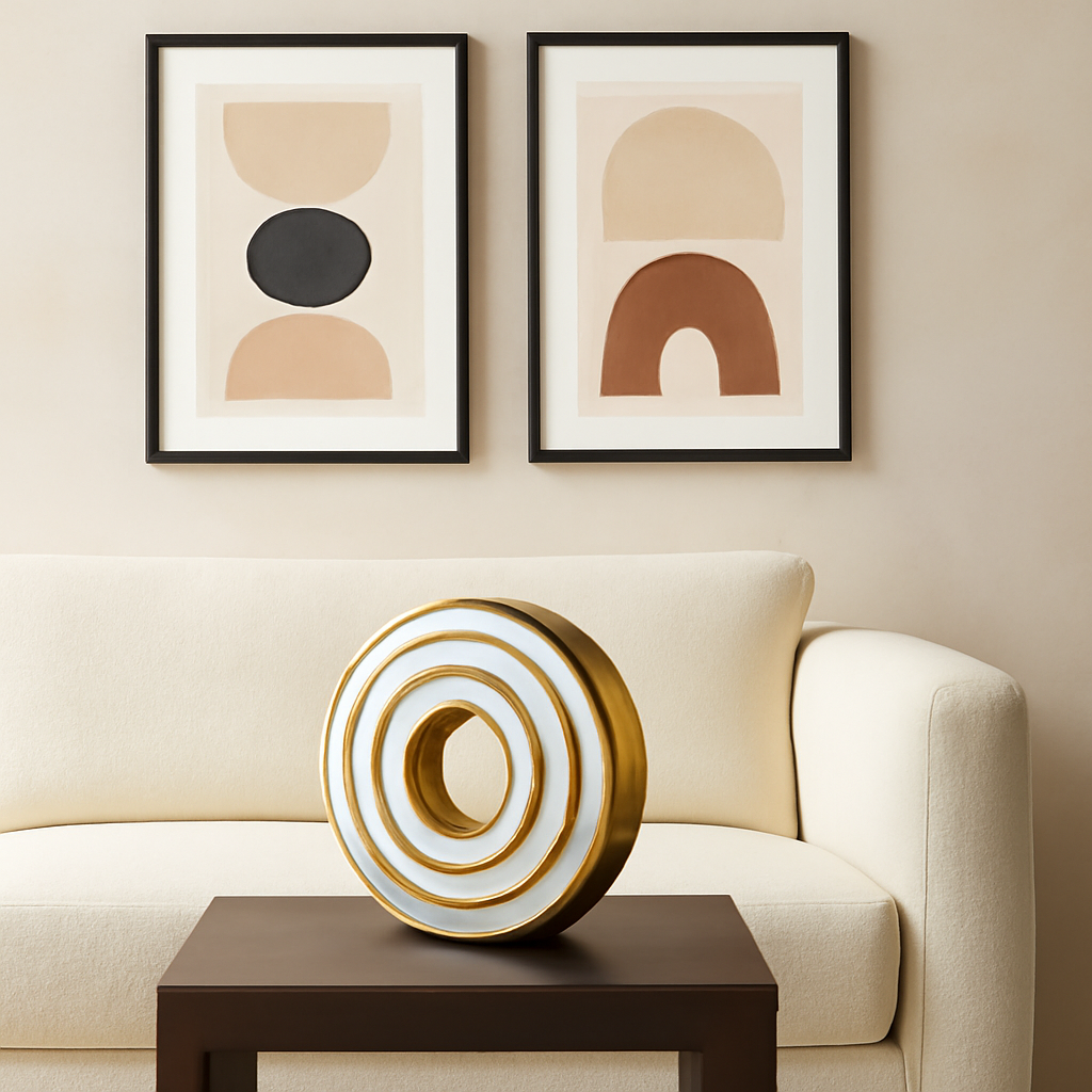 Modern White & Gold Donut Vase - Abstract Ceramic Decorative Ring Vase