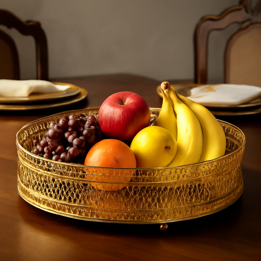 Elegant Gold Circular Filigree Tray with Mirrored Base - Decorative Centerpiece Dish