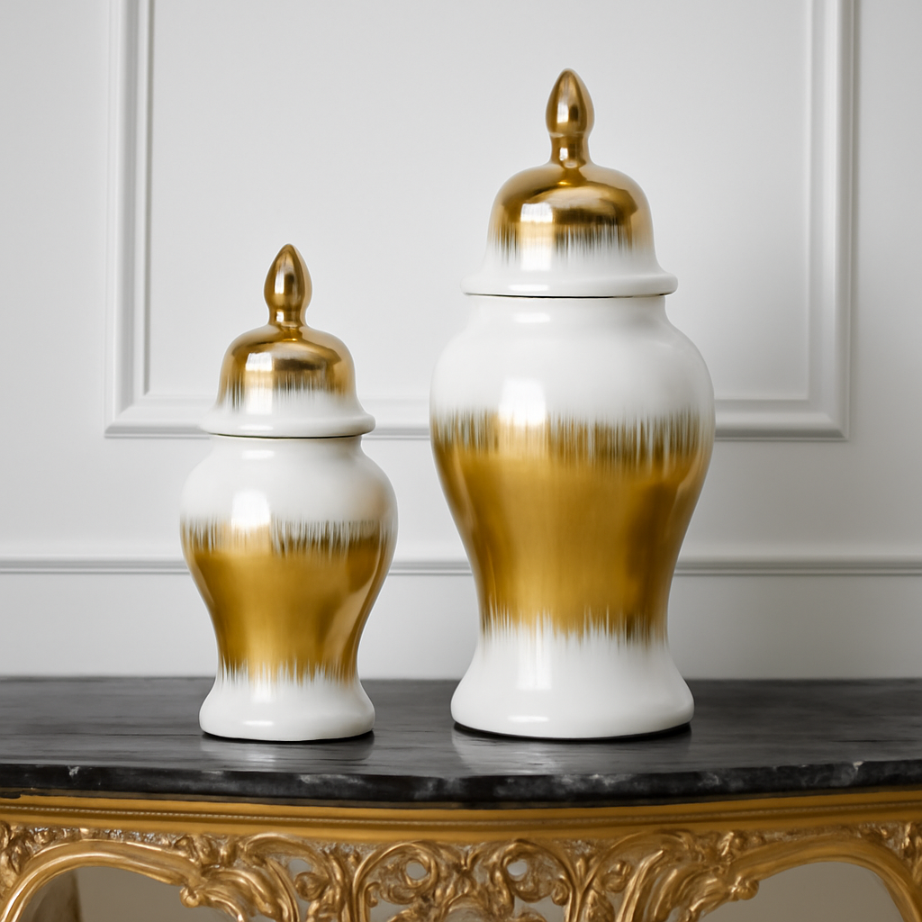 Elegant White & Gold Brushstroke Ceramic Ginger Jar with Lid - Decorative Urn