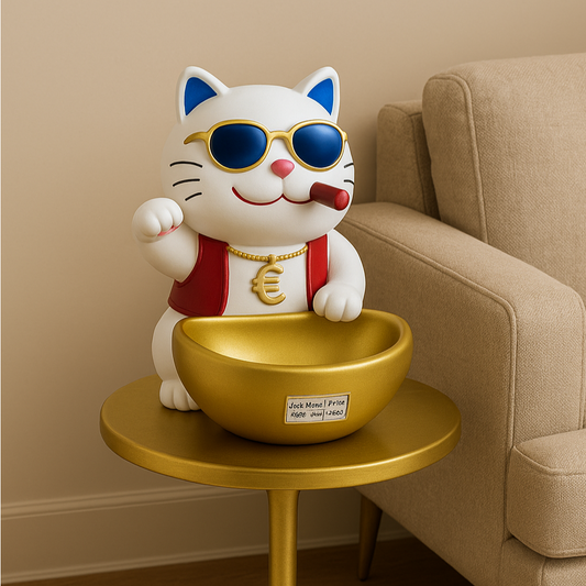 Lucky Cat Resin Statue with Sunglasses - Decorative Storage Tray