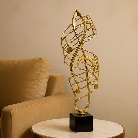 Elegant Gold Metal Musical Note Sculpture on Black Base - Artistic Music Decor