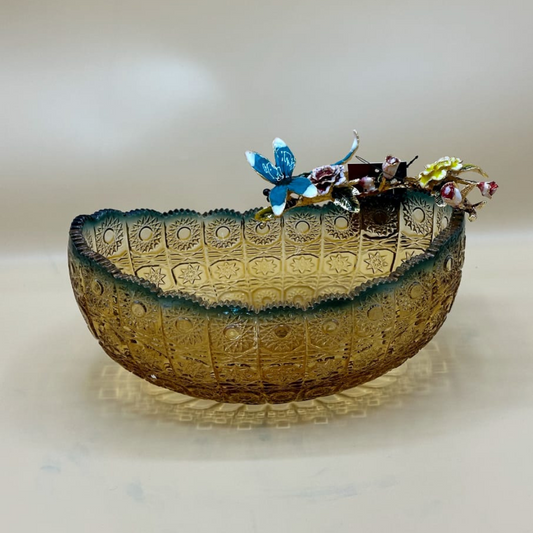 Artisanal Amber Cut Glass Bowl with Enamel Dragonfly & Floral Embellishments - Decorative Centerpiece