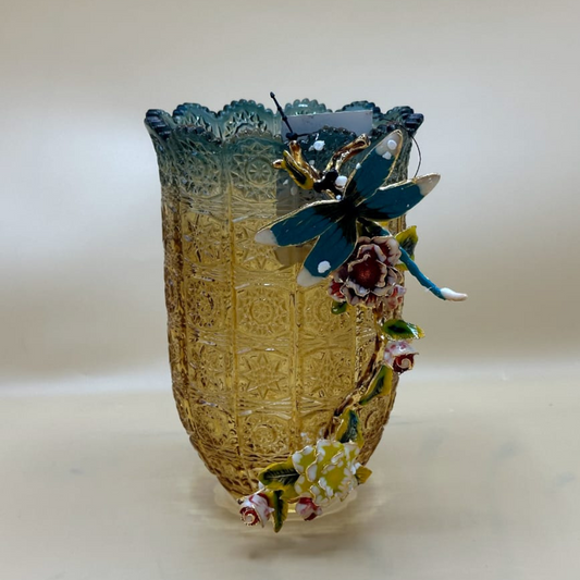 Elegant Amber Cut Glass Vase with Handcrafted Enamel Dragonfly & Floral Embellishments - Decorative Statement Piece