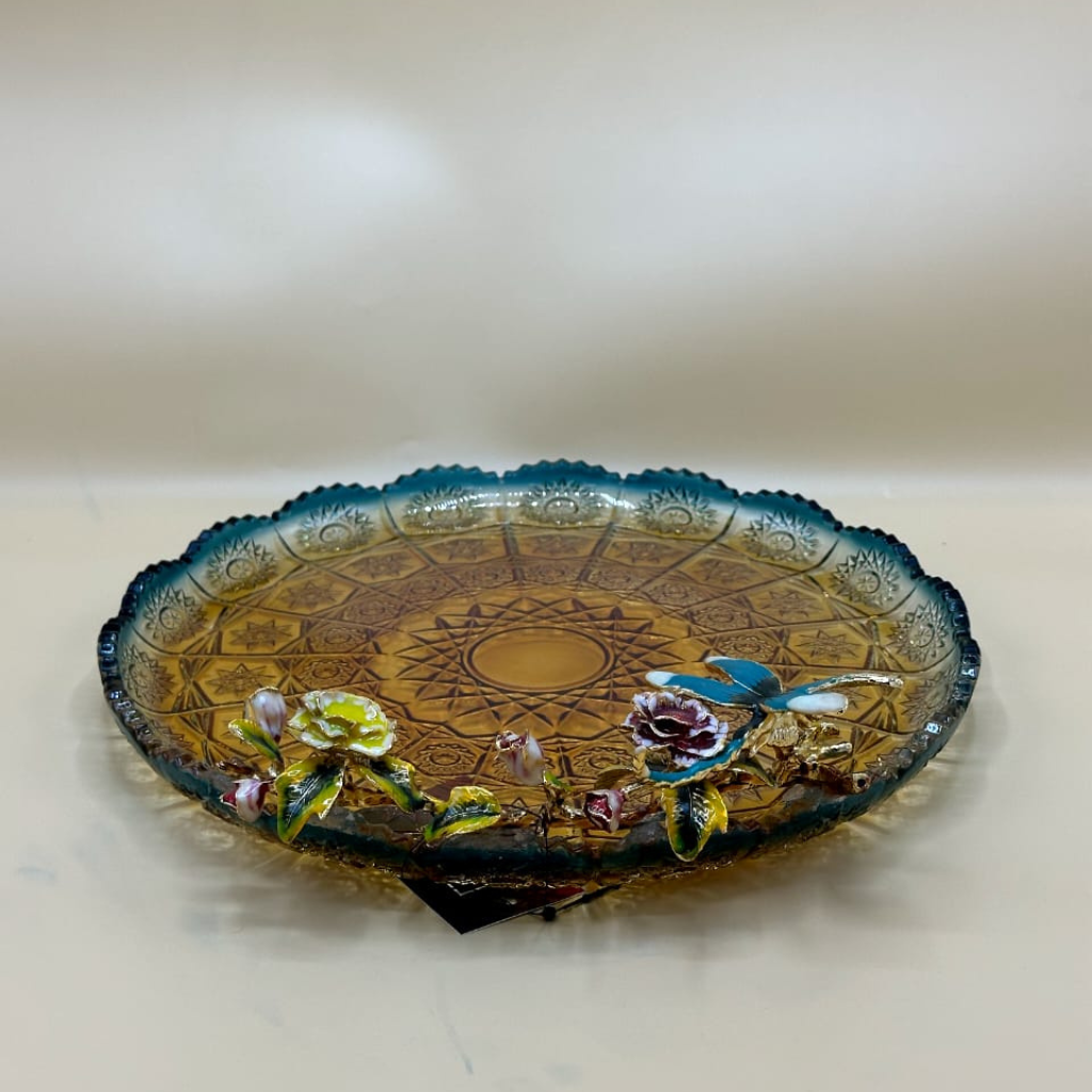 Luxurious Amber Cut Glass Decorative Plate / Tray with Hand-Painted Enamel Bird & Floral Accents - Elegant Centerpiece