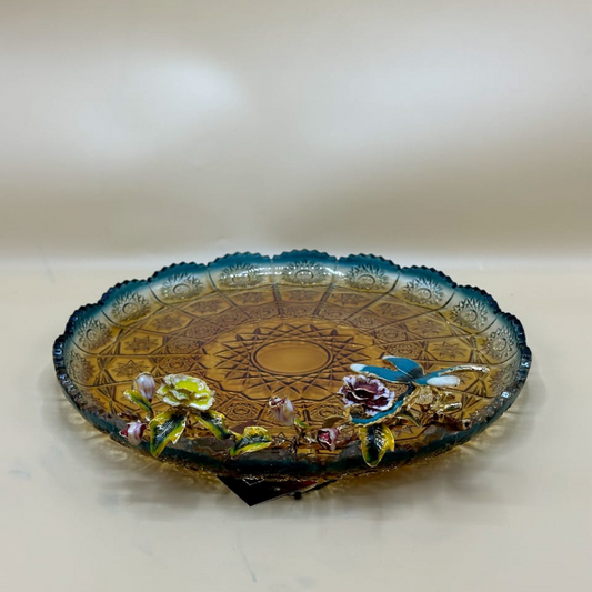 Luxurious Amber Cut Glass Decorative Plate / Tray with Hand-Painted Enamel Bird & Floral Accents - Elegant Centerpiece
