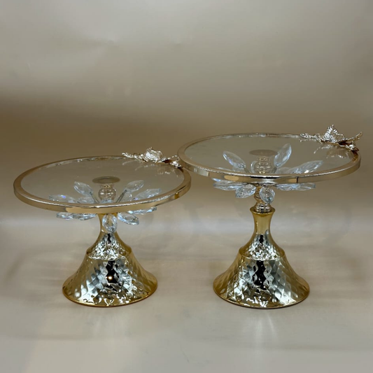 Glamorous Single Tier Cake Stand - Clear Glass Top with Silver Accents & Crystal Lotus Base