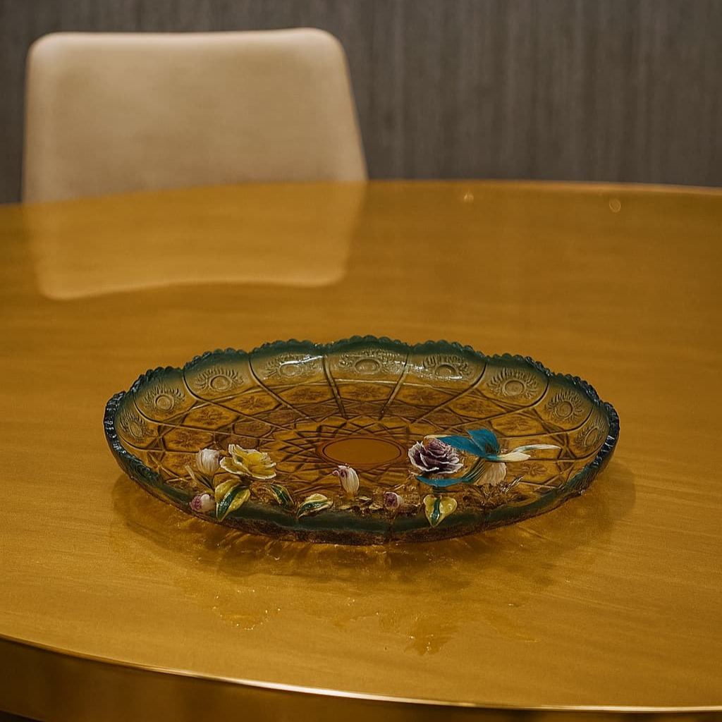 Luxurious Amber Cut Glass Decorative Plate / Tray with Hand-Painted Enamel Bird & Floral Accents - Elegant Centerpiece