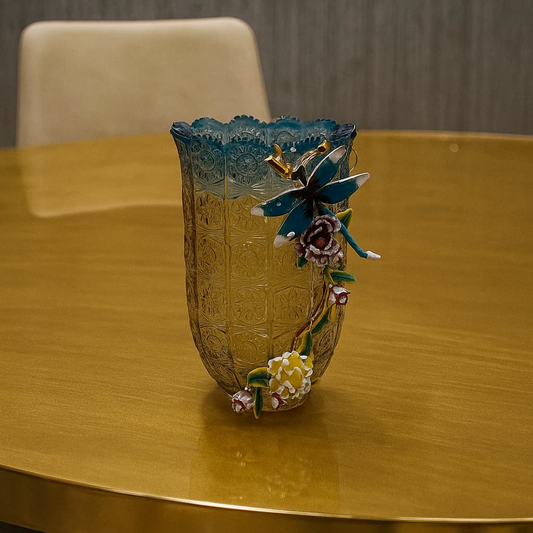 Elegant Amber Cut Glass Vase with Handcrafted Enamel Dragonfly & Floral Embellishments - Decorative Statement Piece