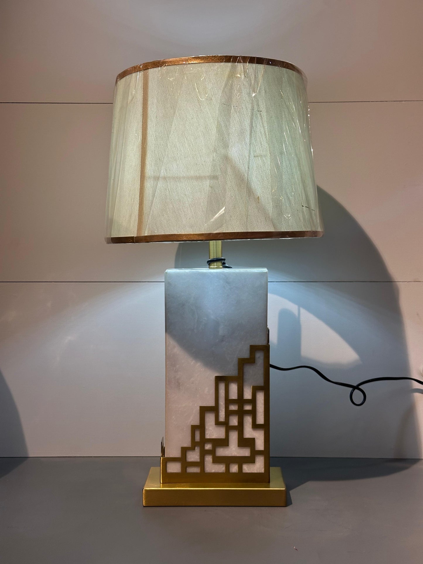 Modern Geometric Cage Table Lamp - Gold/Brass Finish & Soft Fabric Shade