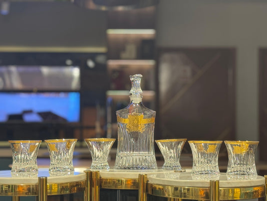 Elegant Crystal Decanter with Gold Greek Key Design & Matching Glasses