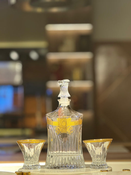 Elegant Crystal Decanter with Gold Greek Key Design & Matching Glasses