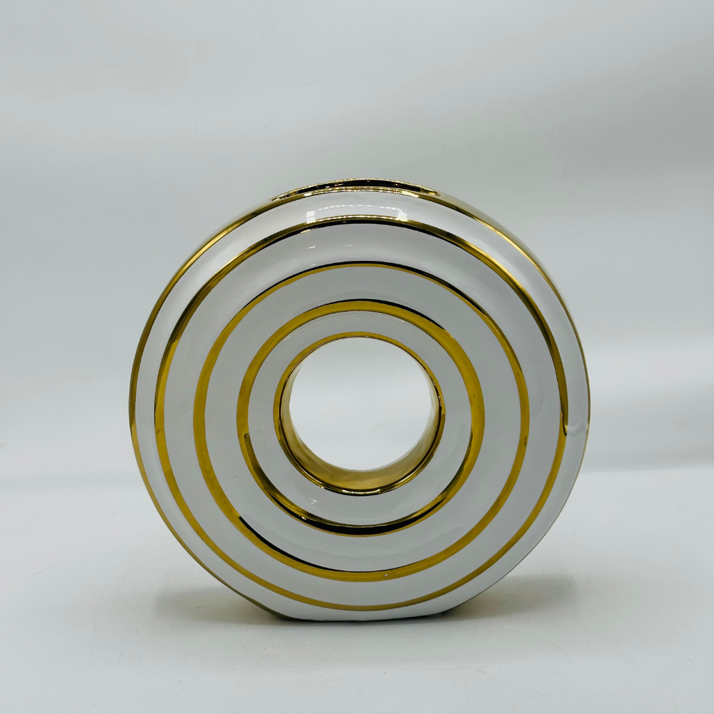 Modern White & Gold Donut Vase - Abstract Ceramic Decorative Ring Vase